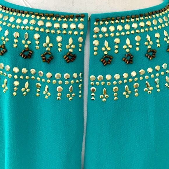 TRINA TURK NWT TURQUOISE KAPONO BEADED CREPE LONG SLEEVE SHIFT DRESS SIZE 8 - Picture 7 of 14